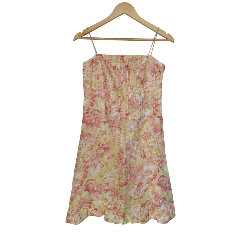Ann Taylor Floral 100% Linen Spaghetti Strap Sun Dress 4 Pink Yellow Cottagecore